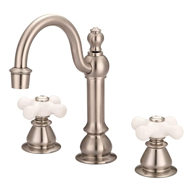 American 20th Century Classic Widespread Lavatory F2-0012 Faucets With Pop-Up Drain in Brushed Nickel Finish - labeled porcelain cross handles