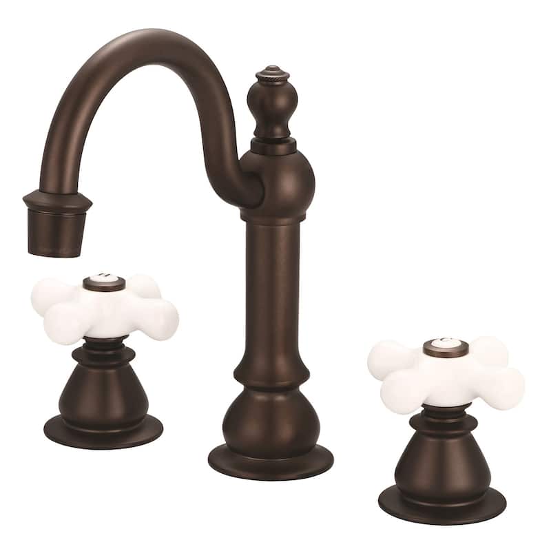 American 20th Century Classic Widespread Lavatory Faucets with Pop-Up Drain in Oil-rubbed Bronze - labeled porcelain cross handles