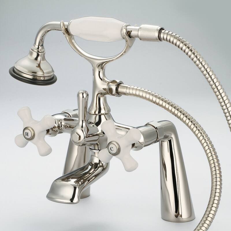 Vintage Classic 7 Inch Spread Deck Mount Tub Faucet With Handheld Shower in Polished Nickel (PVD) Finish - labeled porcelain cross handles