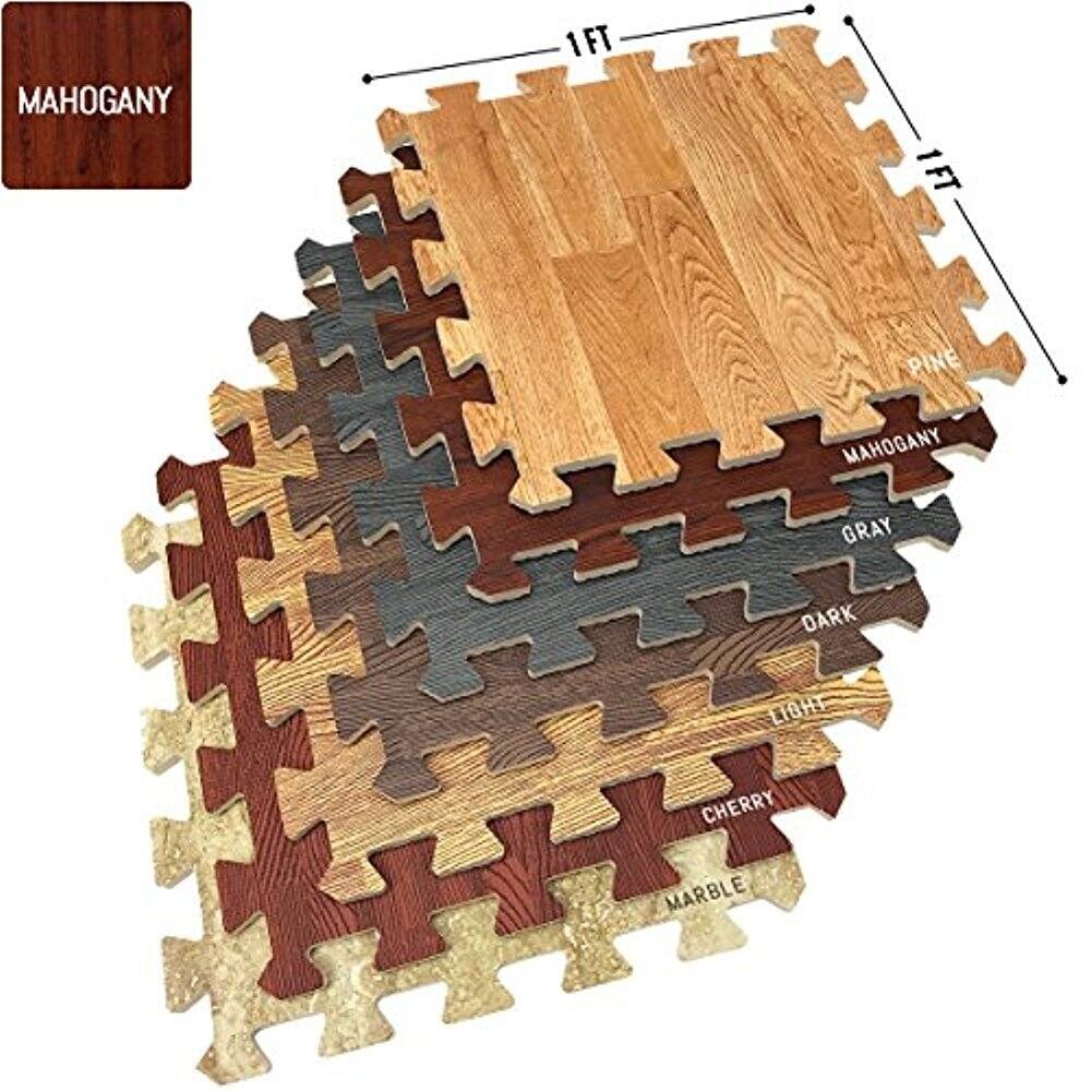 Interlocking Floor Mat - Mahogany Wood Print, 16 Pieces-12x12