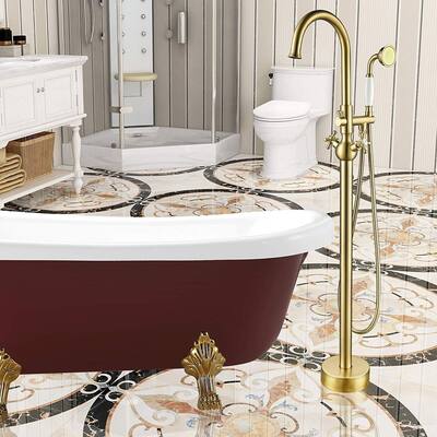 Vanity Art Brushed Brass Finished Bathtub Faucet Freestanding Floor-Mounted Single Handle Mixer Tap with Handheld Shower