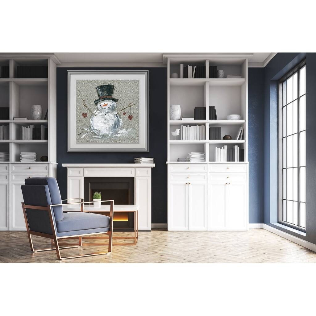 Linen Snowman II -Custom Framed Print - blue, white, grey, yellow, green, silver, gold