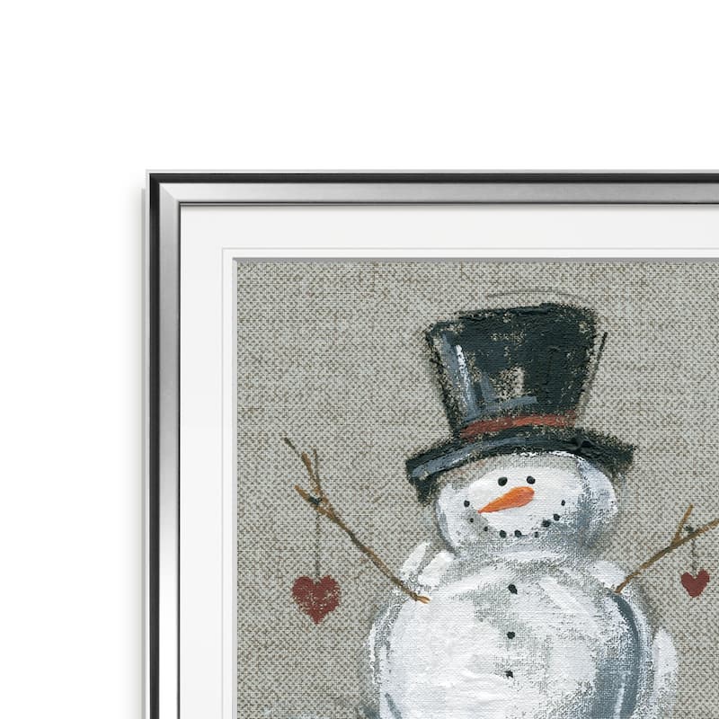 Linen Snowman II -Custom Framed Print - blue, white, grey, yellow, green, silver, gold