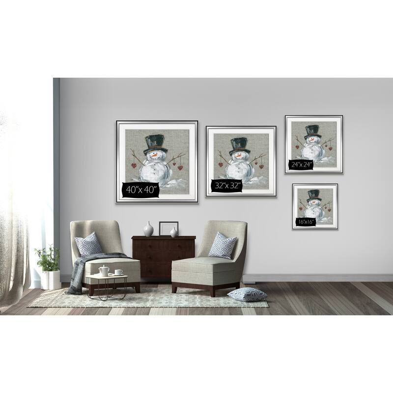 Linen Snowman II -Custom Framed Print - blue, white, grey, yellow, green, silver, gold