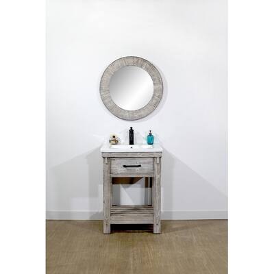 24"Rustic Solid Fir Single Sink Bathroom Vanity in Grey Driftwood Finish with Ceramic Top-No Faucet