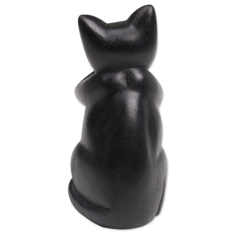 Handmade Kitty Speaks No Evil Wood Sculpture (Indonesia) - 7.25" H x 3.3" W x 3.9" D