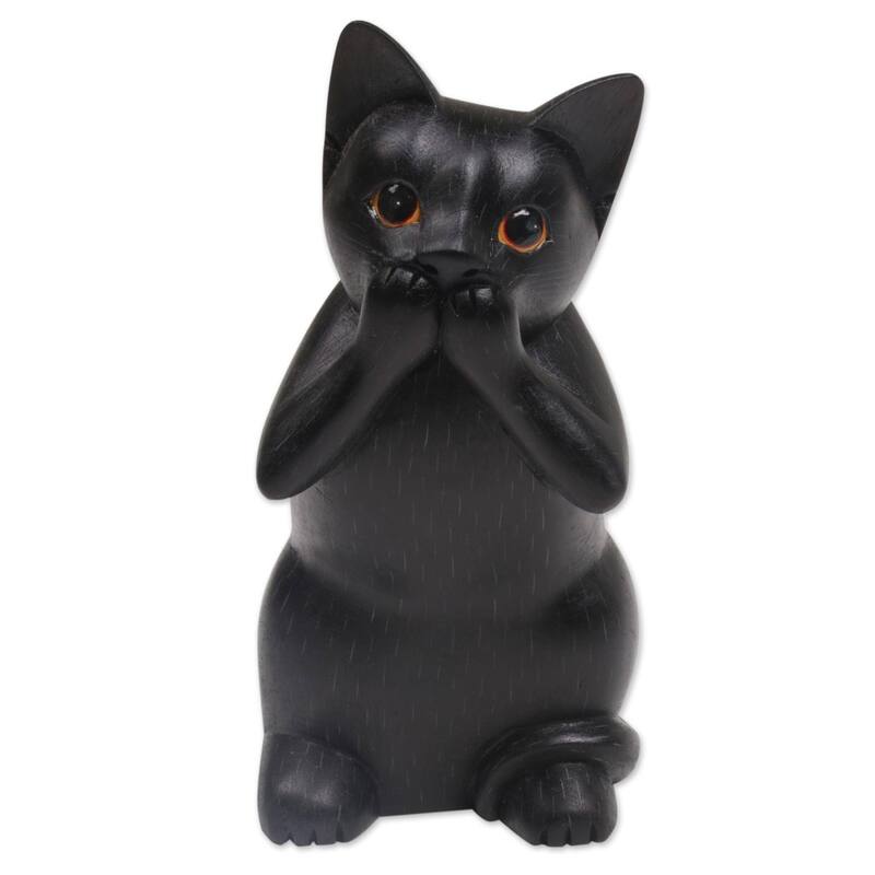 Handmade Kitty Speaks No Evil Wood Sculpture (Indonesia) - 7.25" H x 3.3" W x 3.9" D