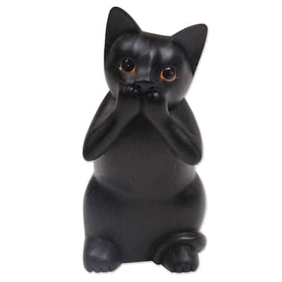 Handmade Kitty Speaks No Evil Wood Sculpture (Indonesia) - 7.25" H x 3.3" W x 3.9" D