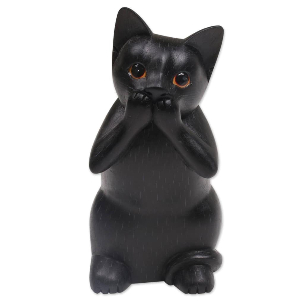 Handmade Kitty Speaks No Evil Wood Sculpture (Indonesia) - 7.25" H x 3.3" W x 3.9" D