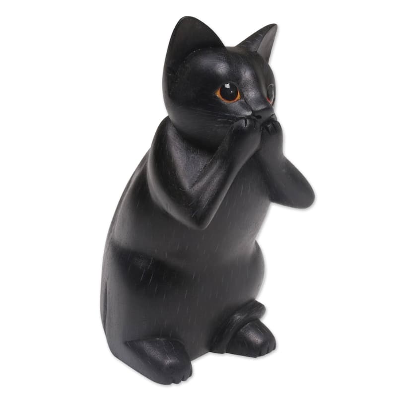 Handmade Kitty Speaks No Evil Wood Sculpture (Indonesia) - 7.25" H x 3.3" W x 3.9" D