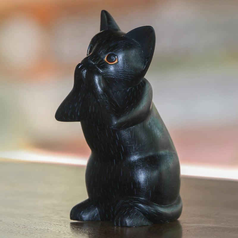 Handmade Kitty Speaks No Evil Wood Sculpture (Indonesia) - 7.25" H x 3.3" W x 3.9" D