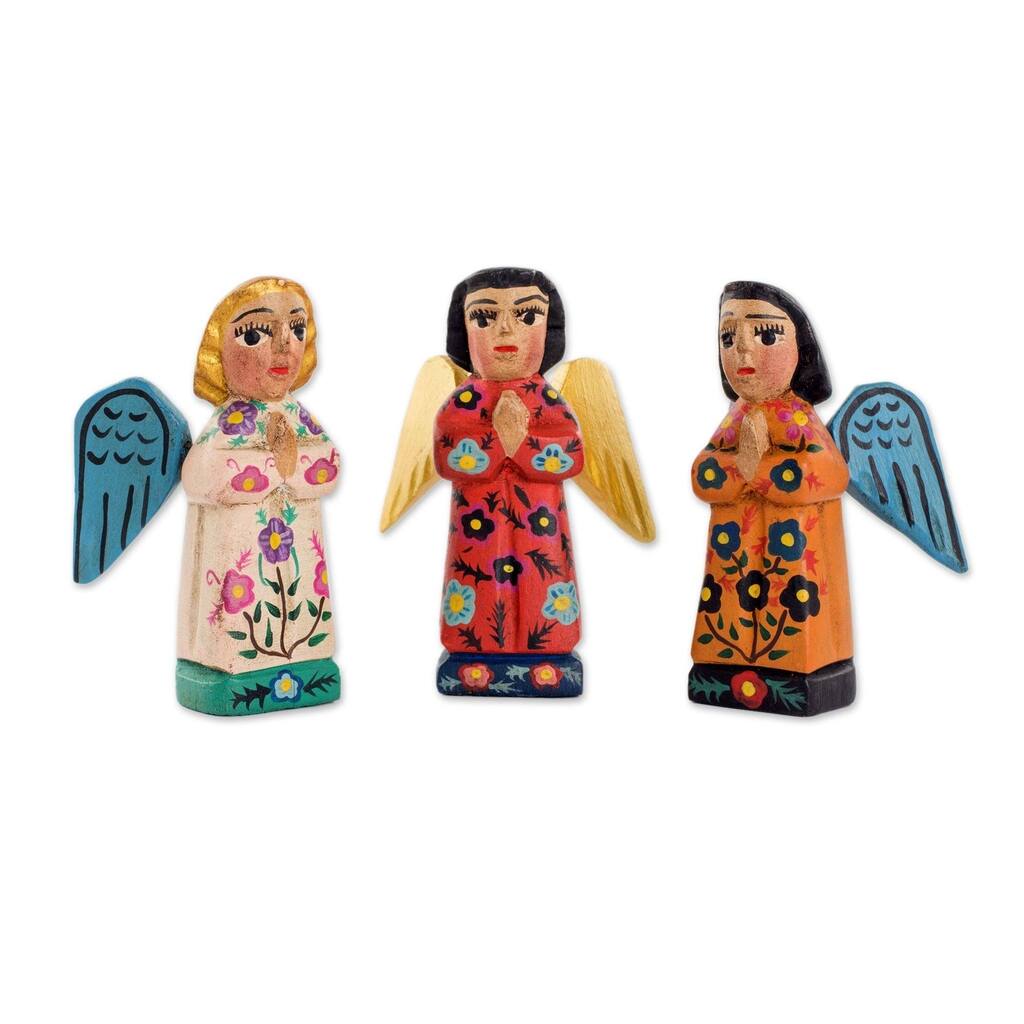 Handmade Angelic Guardians Of Peace (Set Of 3) Wood Figurines (Guatemala)