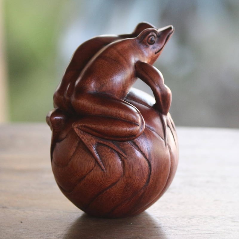Handmade Frog On A Ball Wood Figurine (Indonesia)