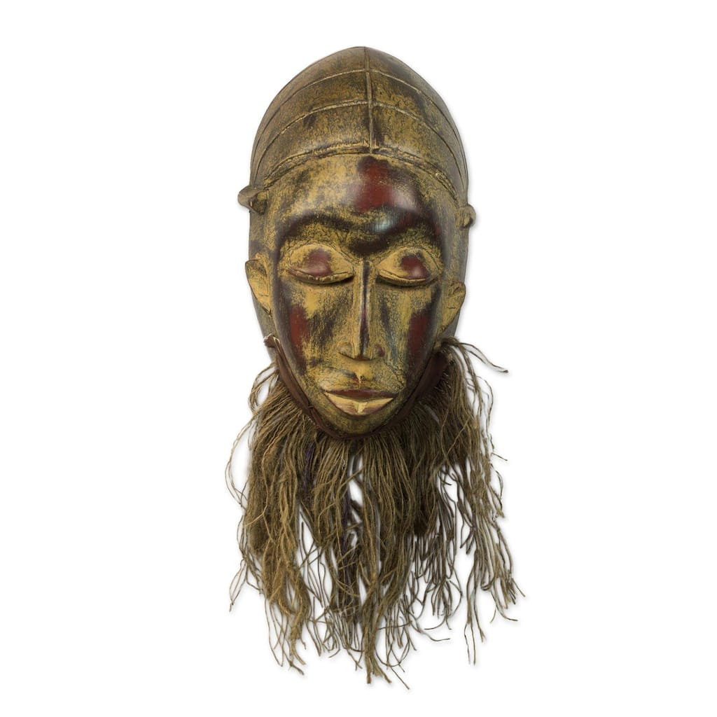 Handmade Bearded Baule Wood Mask (Ghana) - 13" H x 8" W x 4.1" D