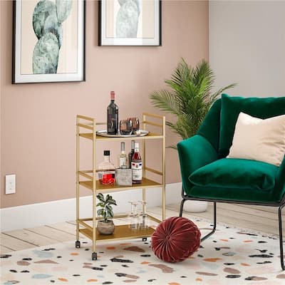 The Novogratz Helix 3 Shelf Metal Rolling Utility Cart in Gold
