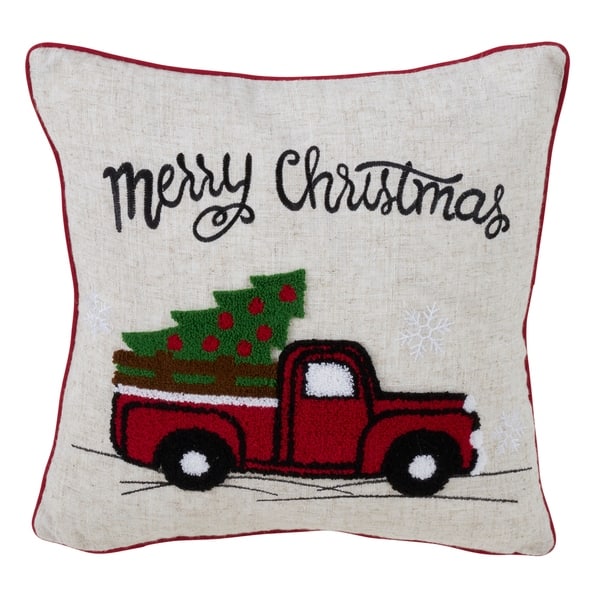 Red Truck Pillow Cover (Merry Christmas) - Linen and Ivory