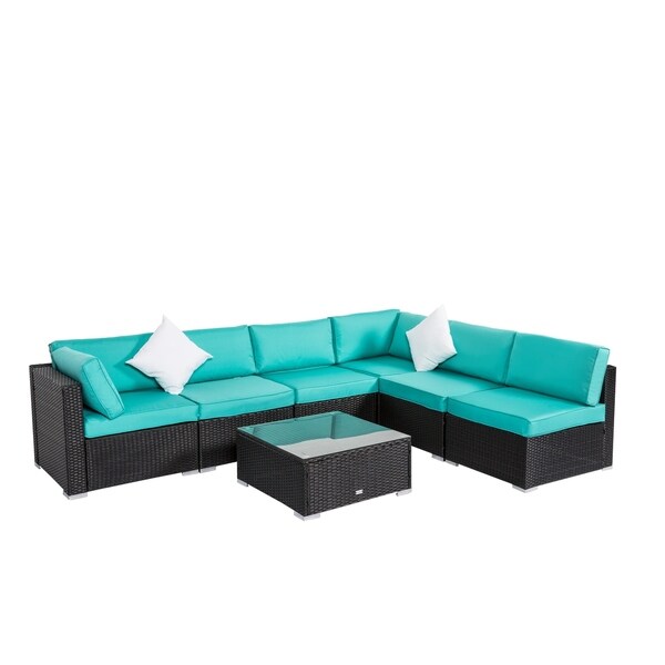 Solaura Outdoor 4 Piece Sofa Sectional Set All Weather Brown Wicker With Beige Waterproof Cushions Sophisticated Glass Coffee Table Pool Patio Backyard Conversation Sets Patio Lawn Garden