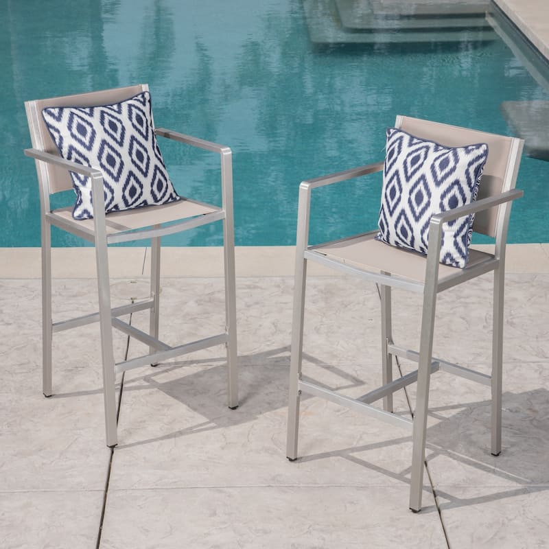 Cape Coral Outdoor 29.50 Inch Mesh Aluminum Barstools (Set of 2) by Christopher Knight Home - silver+grey