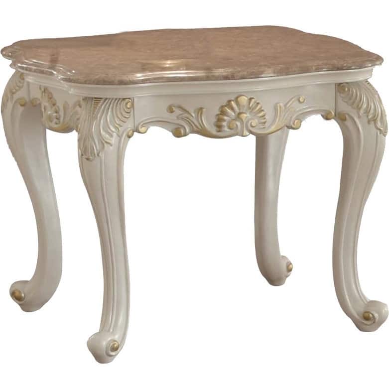 Wooden End Table With Marble Top, Pearl White
