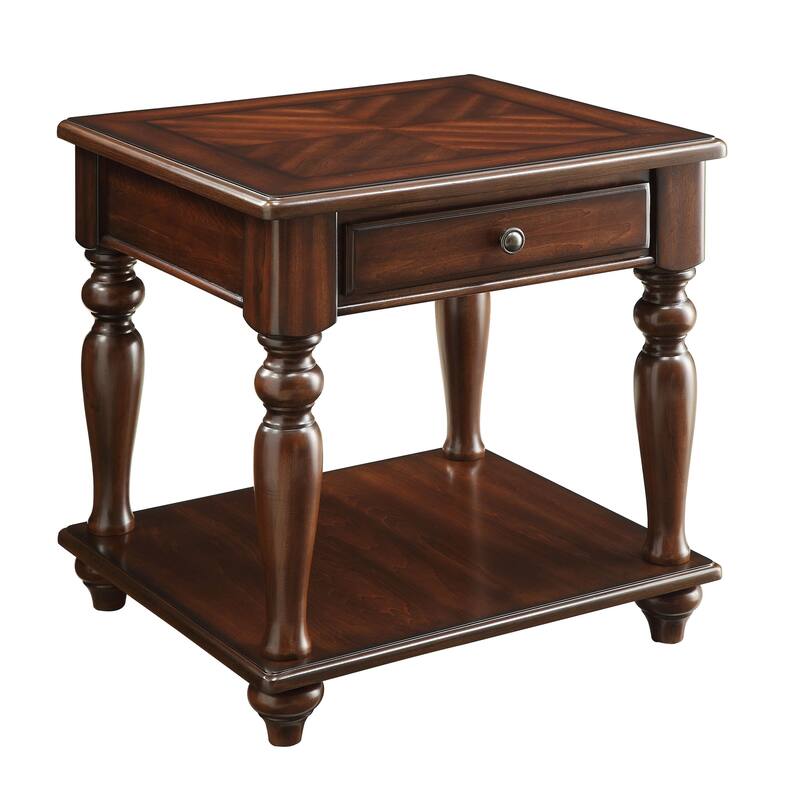 Wooden End Table with Turned Legs Support and Open Shelve, Brown