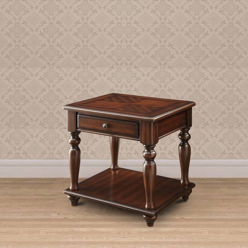 Wooden End Table with Turned Legs Support and Open Shelve, Brown