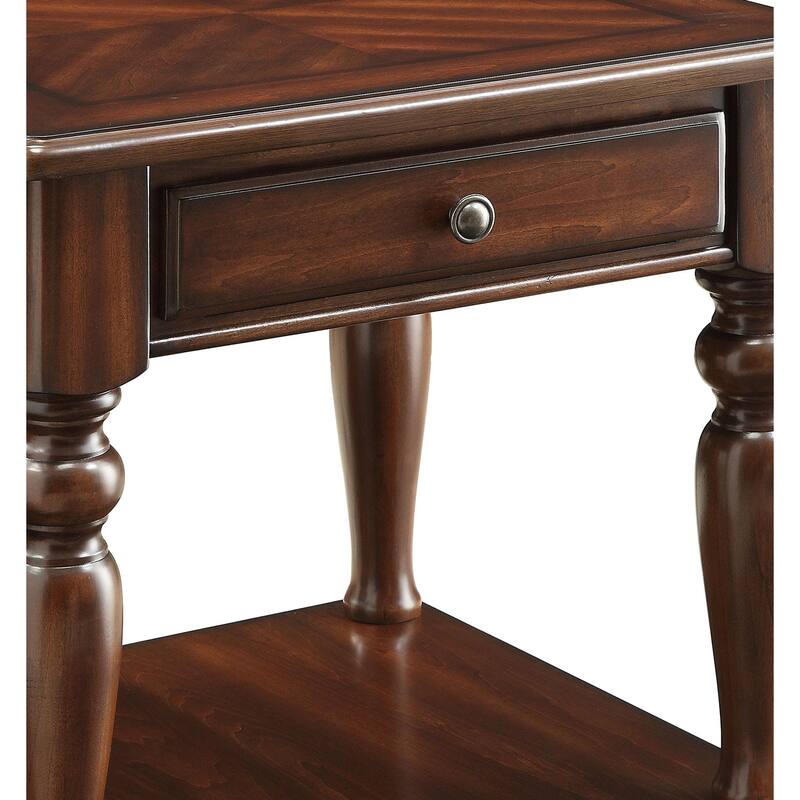 Wooden End Table with Turned Legs Support and Open Shelve, Brown