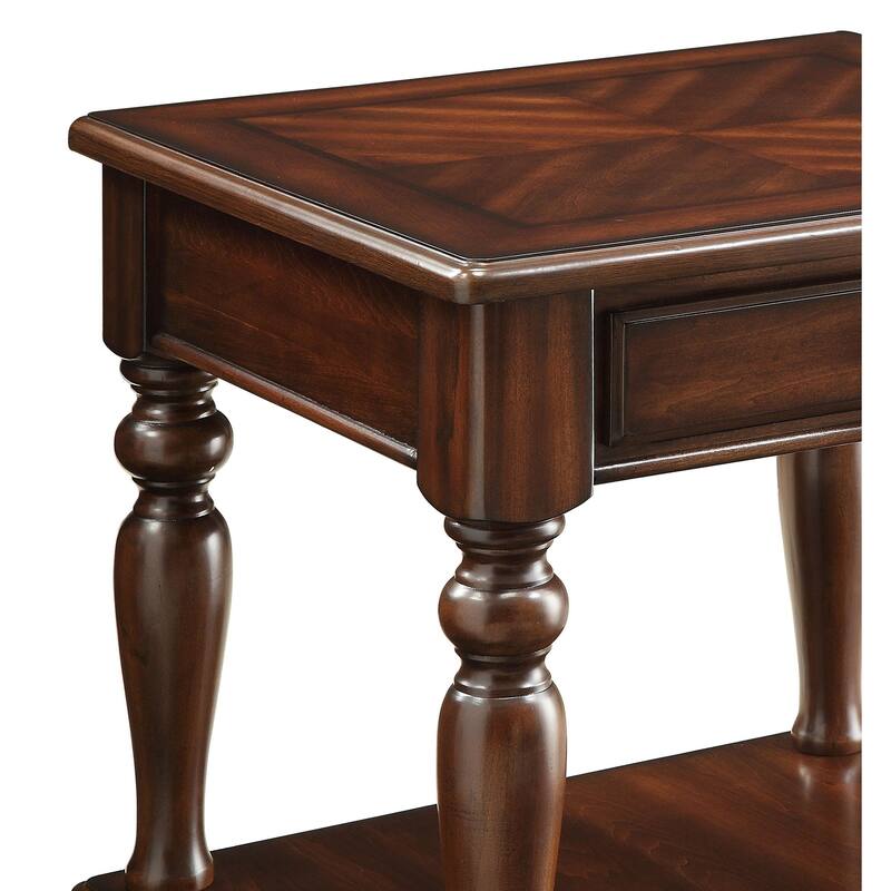 Wooden End Table with Turned Legs Support and Open Shelve, Brown