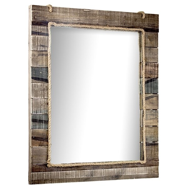 American Art Decor Rustic Wood Paneled Wall Vanity Mirror with Hanging Rope Wall Decor - Multi - A/N