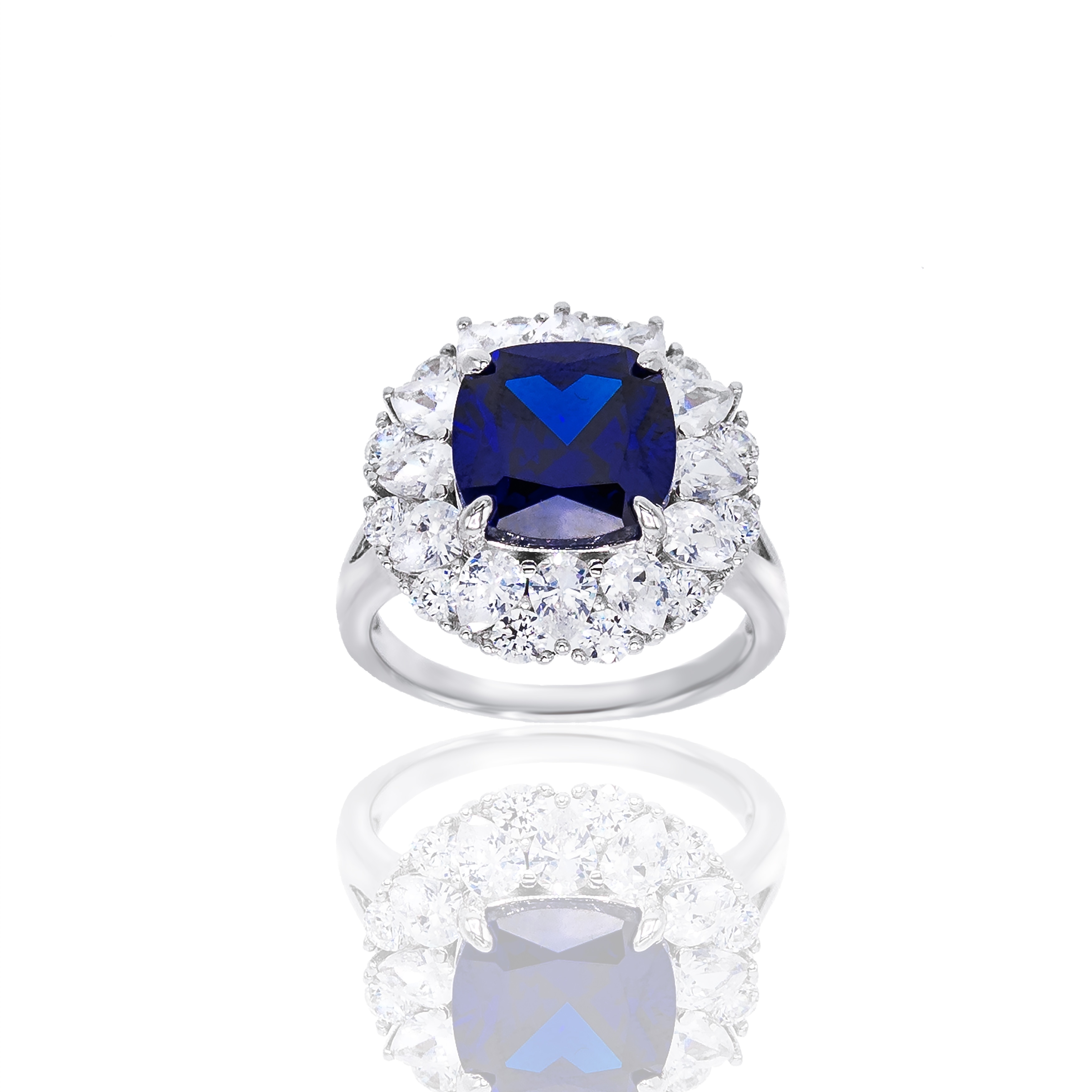 Blue Cushion Cut Center Clear Cluster Cubic Zirconia Ring Rhodium Plated Sterling Silver