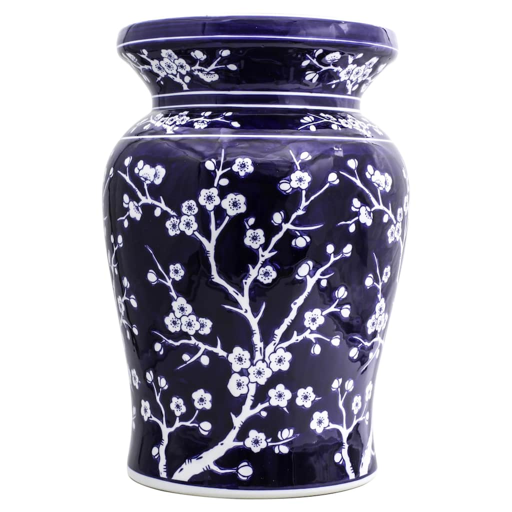 Euro Ceramica Blue Garden 18" Cobalt Cherry Blossom Podium Stool