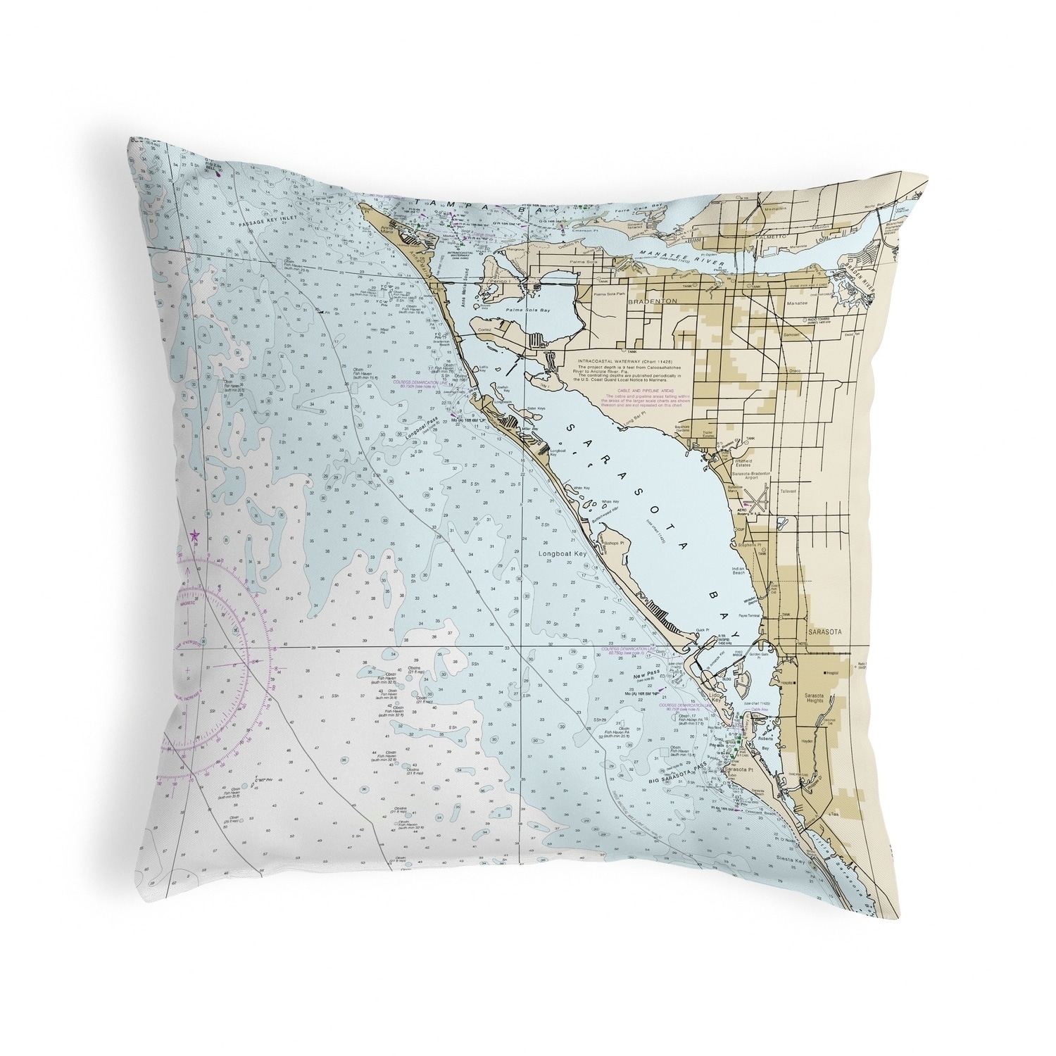 Sarasota Intracoastal Waterway Map Sarasota Bay, Fl Nautical Map Noncorded Indoor/Outdoor Pillow 18X18 -  Overstock - 22878261