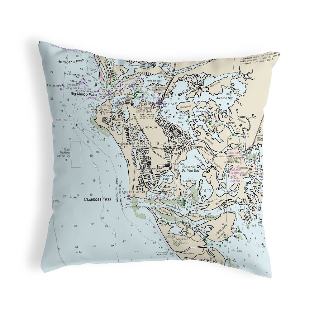 Marco Island, FL Nautical Map Noncorded Indoor/Outdoor Pillow 18x18