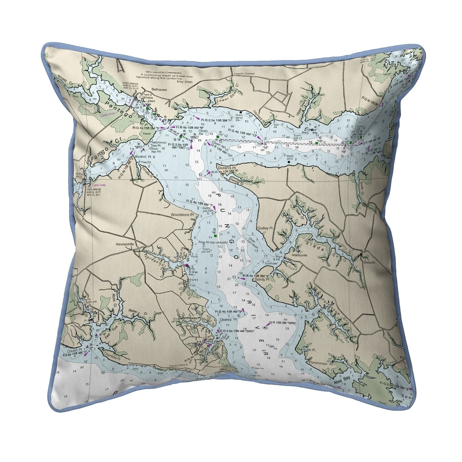 Pungo River, NC Nautical Map Small Corded Indoor/Outdoor Pillow 12x12 ...