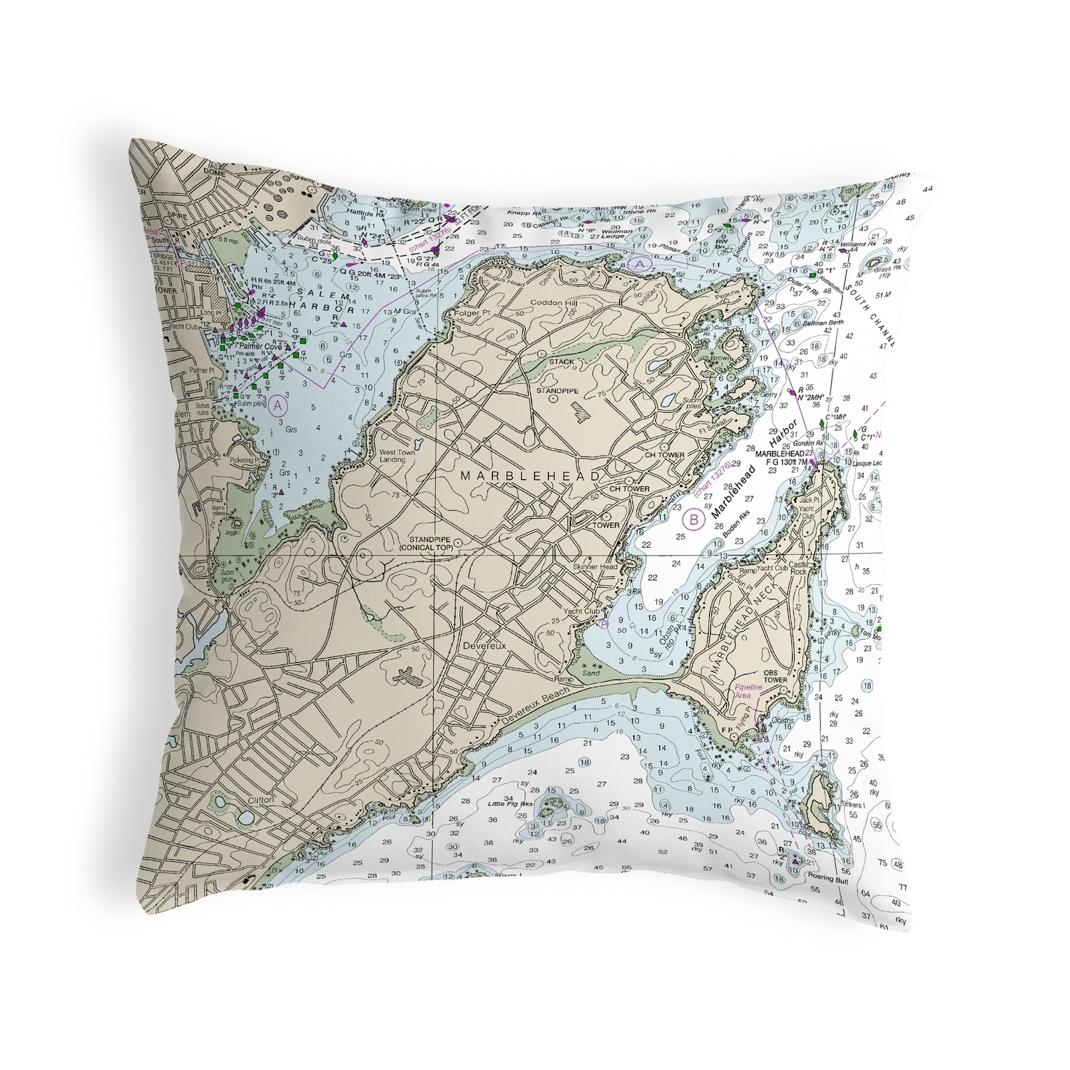 Marblehead, MA Nautical Map Noncorded Indoor/Outdoor Pillow 18x18