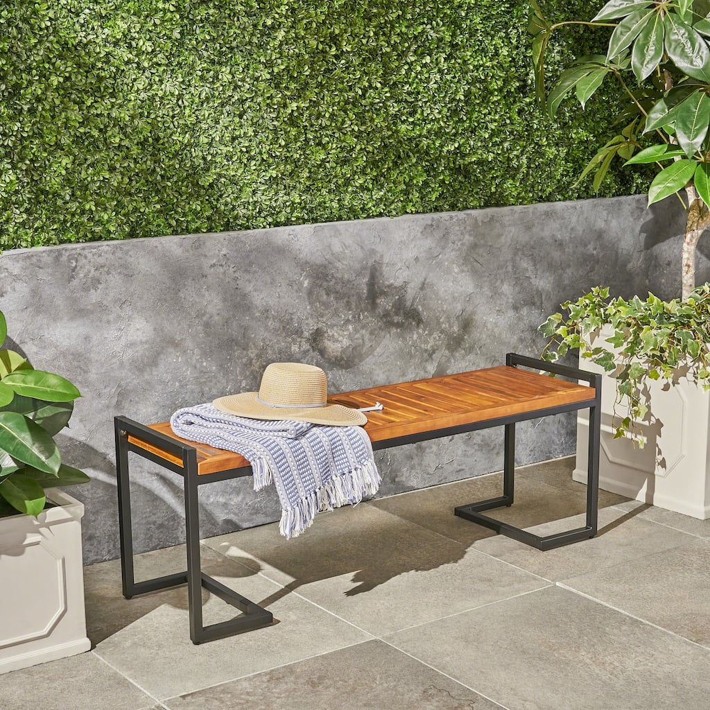Hopkins Outdoor Industrial Acacia Wood Bench by Christopher Knight Home