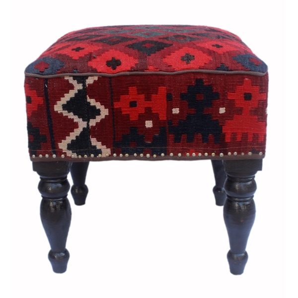 Arshs Dorothea Dark Red Black Wool Wood Kilim Upholstered Arshs Dorothea Dark Red Black Wool Wood Kilim Upholstered Handmade Ottoman