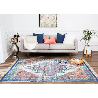 Jani Kori Distressed Blue/Orange Poly-blend Rug