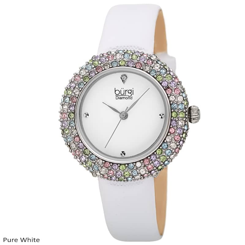 Burgi Ladies Vibrant Colorful Swarovski Crystal Diamond Satin Leather Strap Watch
