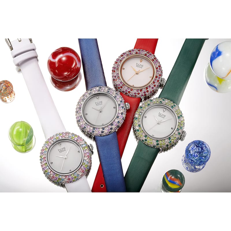 Burgi Ladies Vibrant Colorful Swarovski Crystal Diamond Satin Leather Strap Watch