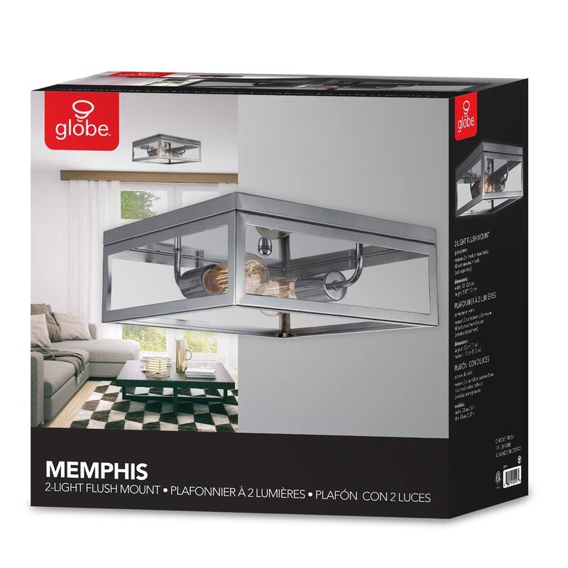 Memphis 2-Light Flush Mount Ceiling Light, 4 Clear Glass Panes - 13" L x 13" W x 5.12" H
