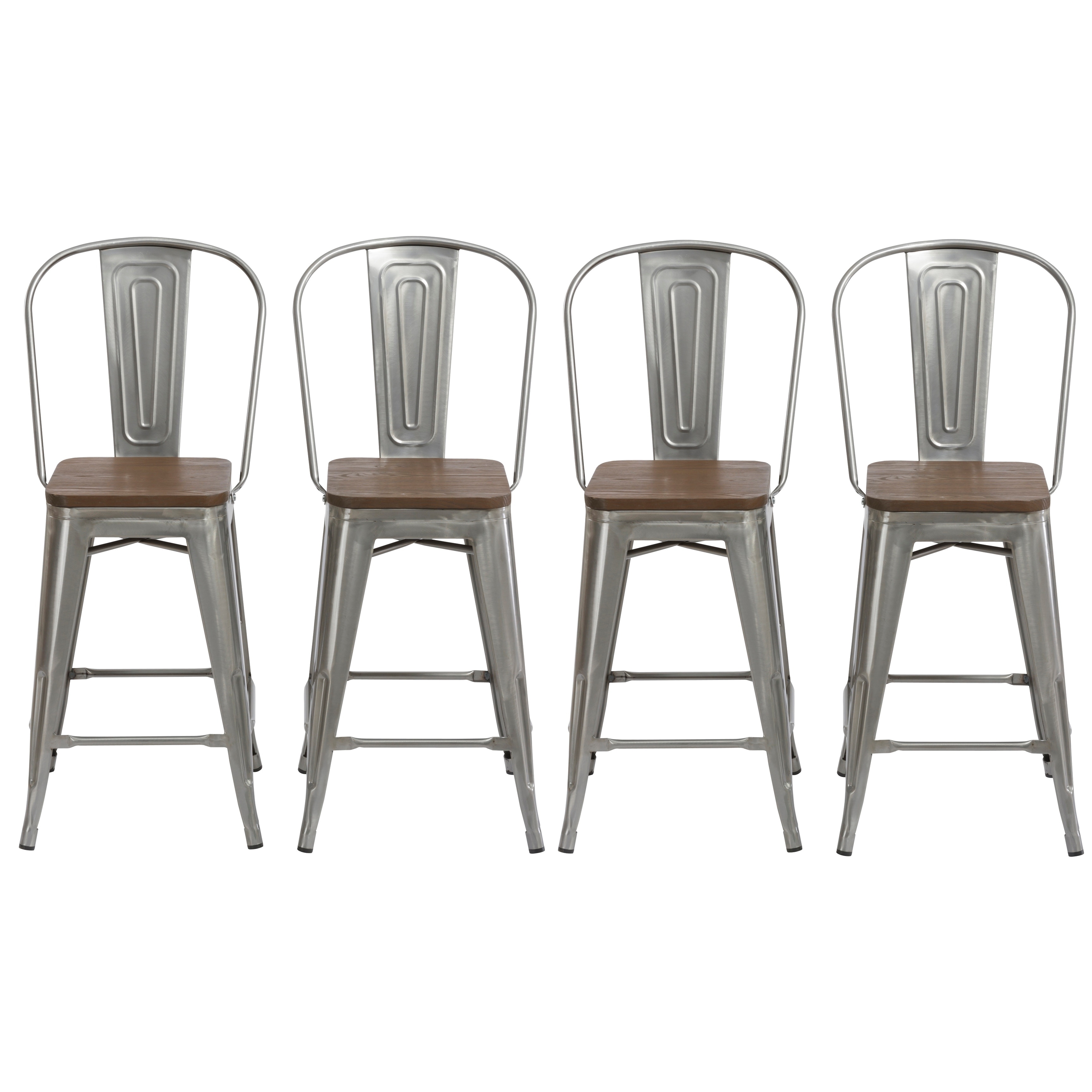 antique distressed steel wood 24" high back chair bar stool set of 4  barstools