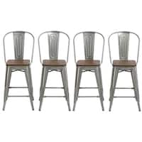 Antique Distressed Steel Wood  24" High Back Chair Bar Stool Set of 4 Barstools