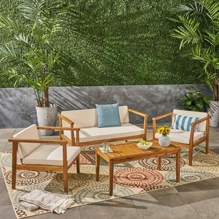 Newbury Outdoor 4-Seater Acacia Wood Chat Set with Coffee Table by Christopher Knight Home