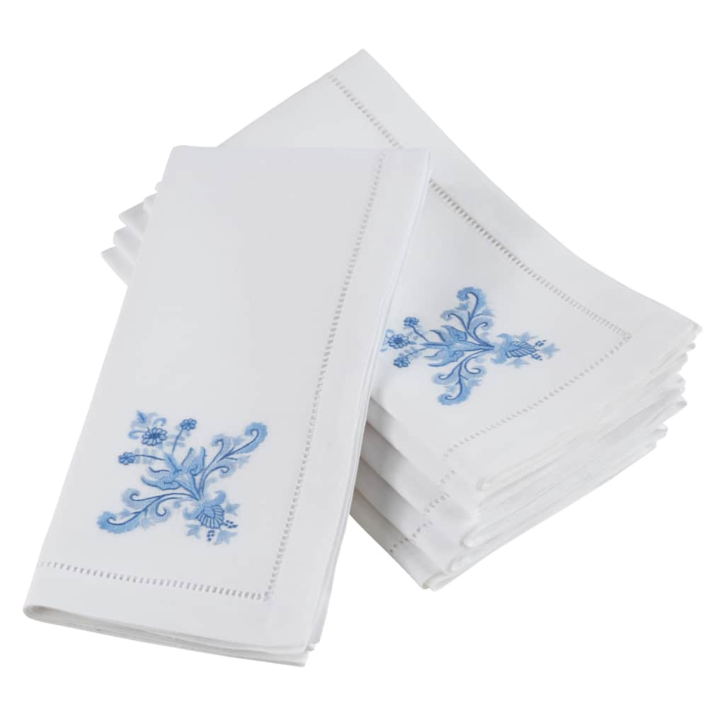 Embroidered Blue Floral Hemstitched Cotton Napkin (Set of 6)