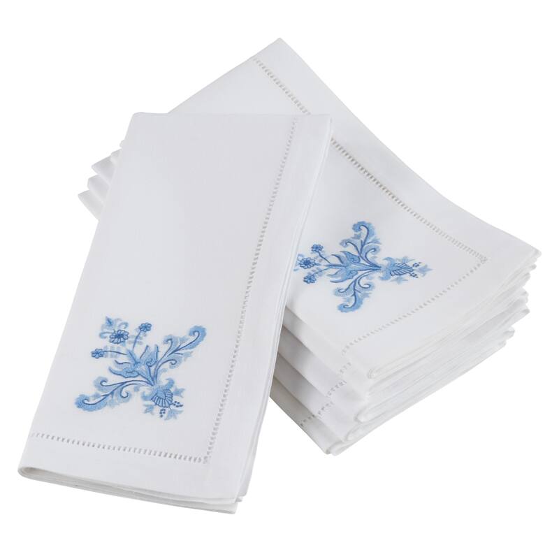 Embroidered Blue Floral Hemstitched Cotton Napkin (Set of 6)
