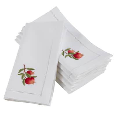 Embroidered Pomegranate Branch Hemstitched Cotton Napkin (Set of 6)