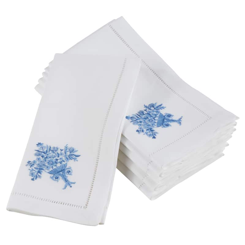 Embroidered Blue Floral Vase Hemstitched Cotton Napkin (Set of 6)