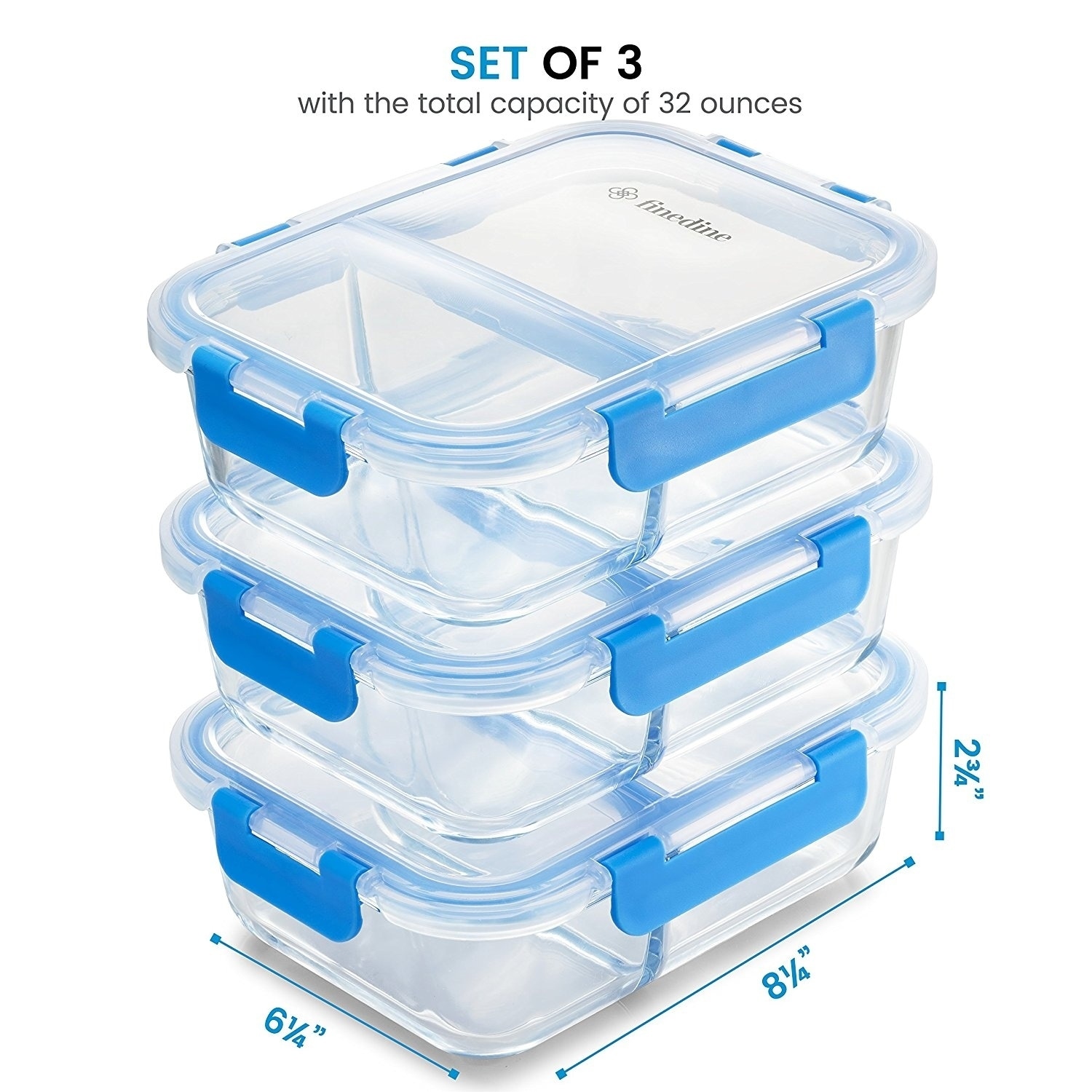 FineDine Glass Food Storage Container with Lid (32 Oz.; 3- or 6-Pack)