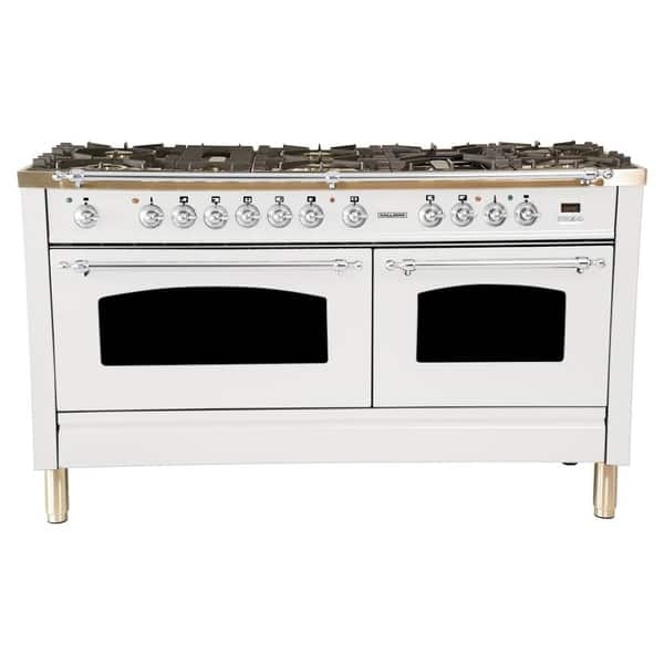 HALLMAN 60" Dual Fuel Italian Range, Chrome Trim in White Overstock