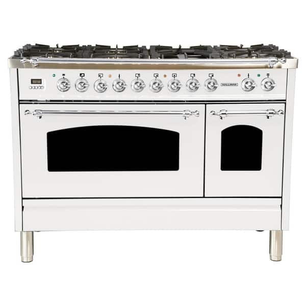 HALLMAN 48" Dual Fuel Italian Range, LP Gas, Chrome Trim in White